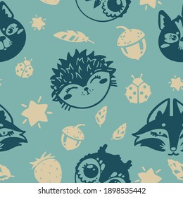 Seamless pattern with silhouettes of animals. Vector graphics. Pattern with dense filling. The image shows a hedgehog, fox, dog, ladybug, star, acorn.
