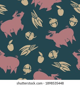 Seamless pattern with silhouettes of animals. Vector graphics. Pattern with dense filling. The image shows a pig, corn, an acorn, an apple on a dark green background.