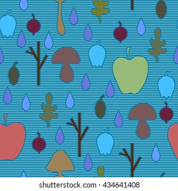 Seamless pattern with silhouettes of apple, raindrops, oak leaves, mushrooms, berries, branchlet, lily-of-the-valley, acorn in striped background. Bright background.