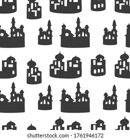 Seamless pattern with silhouettes of arabic style houses on white background. Vector illustration.