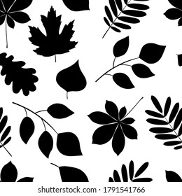 Siluetas de patrón sin foco de hojas de otoño rowan arce castaño de roble castaño negro ilustración vectorial