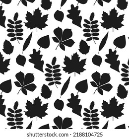 Patrón sin foco de siluetas de hojas de otoño. Varias hojas sobre un fondo blanco. Ilustración vectorial.
