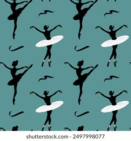 Seamless pattern with silhouettes of ballerinas on a turquoise background. Ballerinas in a tutu. Dance background. Ballet dancing