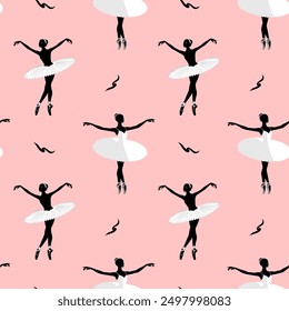 Seamless pattern with silhouettes of ballerinas on a pink background. Dance background. Ballet dancing