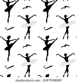 Seamless pattern with silhouettes of ballerinas on a white background. Ballerinas in a tutu. Dance background. Ballet dancing