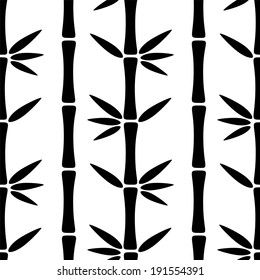 Seamless pattern with silhouettes bamboo trees and leaves in black and white. Endless print texture. Tropical rain forest. Retro. Vintage style - vector 