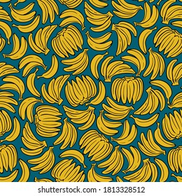 seamless pattern silhouettes of bananas: 
yellow fruits with a black outline on a blue background