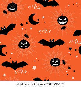 Seamless pattern silhouettes of a bat with burning eyes against the background of the moon, stars, a pumpkin in spider webs. Decoration for the Halloween holiday, a mystical horror theme. Vector.