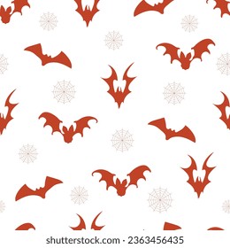 Seamless pattern of silhouettes of bats with cobwebs on a white background. Halloween seamless pattern. Cute autumn design. Scary holiday horror sketch. Magic print for Halloween