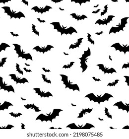 Seamless pattern with silhouettes of bats. Halloween pattern. Black bats on a white background. Simple style, vector illustration.