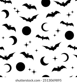 Patrón sin fisuras de siluetas de murciélagos, luna, estrellas en negro sobre un fondo blanco. Para imprimir en tela, Fondo de pantalla, papel de embalaje. Conveniente para el diseño de Halloween