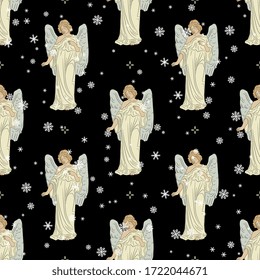 Seamless pattern with silhouettes of beautiful vintage angels and snowflakes. Christmas motif.