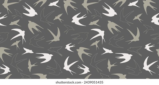 Seamless pattern with silhouettes of birds. Abstract line art swallows in flight. Vector graphics.
