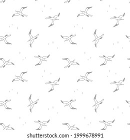 Seamless pattern with Silhouettes birds on turquoise background. Silhouettes of seagulls flying in the sky. Vector colored endless texture for your designs packing, cards, wrapping paper, textile