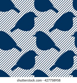 Seamless pattern with silhouettes of birds in striped background. Excellent for fabric.