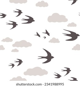 Patrón sin foco con siluetas de pájaros, tragos, nubes, formas abstractas y simples. Gráficos vectoriales.