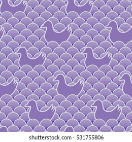 Seamless pattern with silhouettes of birds in wavy background.