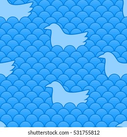 Seamless pattern with silhouettes of birds in wavy background.