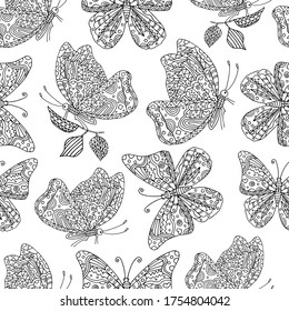 Patrón sin foco con siluetas de mariposas negras sobre fondo blanco.  Bien para la impresión de tela, envoltura, papel pintado, página de colorante antiestrés para adultos y niños, etc. Ilustración vectorial.