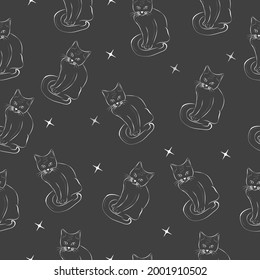Patrón sin foco de siluetas de gatos negros con estrellas blancas en un fondo oscuro