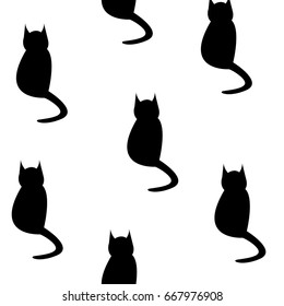Seamless pattern with silhouettes black cats on the white background. Vector design for Halloween