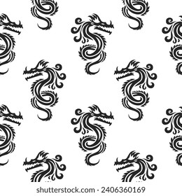 Seamless pattern, silhouettes of black Chinese dragons on a white background. Background, textile, vector