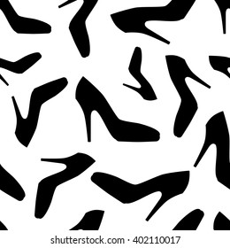 Seamless pattern with silhouettes of black high heel shoes on white background. Vector illustration for your graphic design.