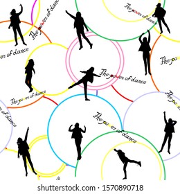 Seamless pattern with silhouettes of body movements of a girl in a dance. Vector image. Black female figures on a white background with multi-colored circles and with a handwritten inscription