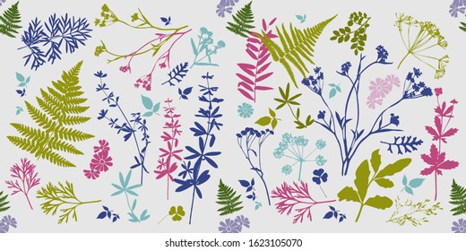 Seamless pattern of silhouettes of botanical elements. Branches with leaves, herbs, wild plants, flowers. Garden and forest collection of leaves and grass.  Herbarium