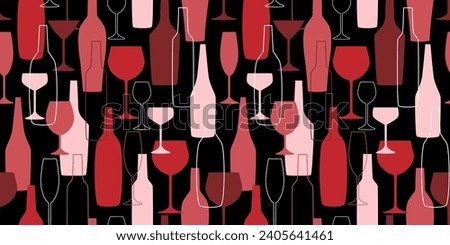 Seamless pattern with silhouettes of bottles and glasses. Abstract simple print. Vector graphics.