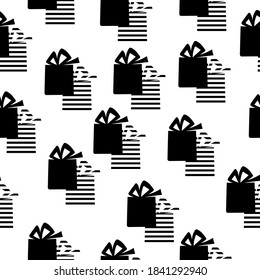 Seamless pattern of silhouettes of boxes of gifts with a bow of black color on a white background, festive attribute with a shadow in the form of horizontal stripes, vector illustration for design