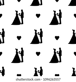 Seamless pattern with silhouettes of the bride and groom, hearts on the white background. Vector illustration