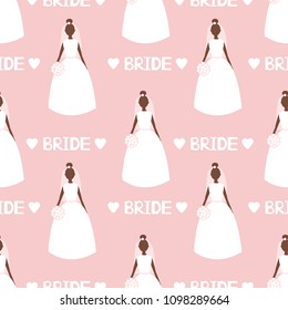 Seamless pattern with silhouettes of the bride, hearts and words Bride on the pink background. Vector illustration