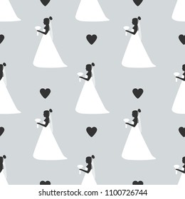 Seamless pattern with silhouettes of the bride and hearts. Vector illustration