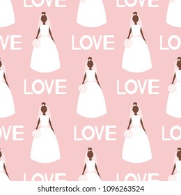 Seamless pattern with silhouettes of the bride and words Love on the pink background. Vector illustration