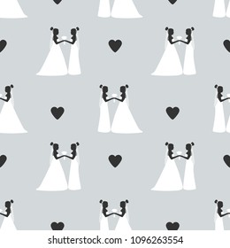 Seamless pattern with silhouettes of the brides and hearts. Same-sex marriage. Vector illustration