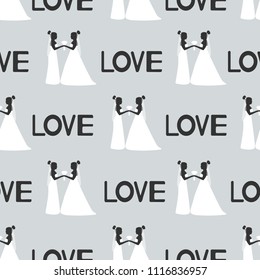 Seamless pattern with silhouettes of the brides and words Love. Same-sex marriage. Vector illustration