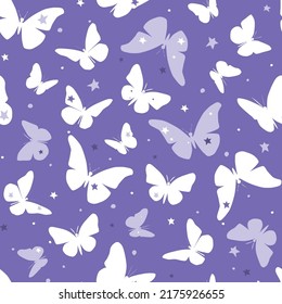 Seamless pattern with silhouettes of butterflies against the starry sky. Vector graphics.