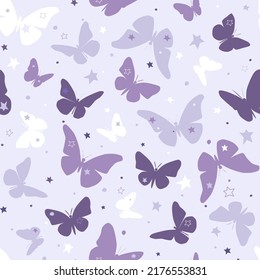 Seamless pattern with silhouettes of butterflies against the starry sky. Vector graphics.