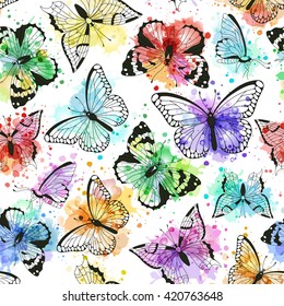 Seamless pattern with silhouettes of butterflies and vector imitation of watercolor spots. Perfect for greetings, invitations, manufacture wrapping paper, textile, wedding and web design.