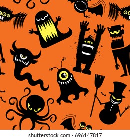 Seamless pattern with silhouettes of cartoon monsters. 