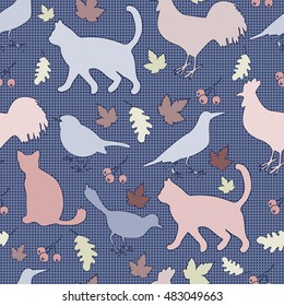 Seamless pattern with silhouettes of cat, birds, rooster, maple leaves, oak leaves, berries.