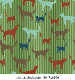 Seamless pattern with silhouettes of cat and dog. Black and white.