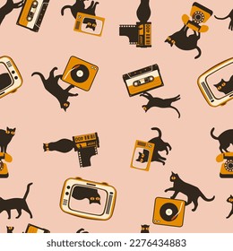 Seamless pattern silhouettes of the cat with retro media icon, different poses on color background, Cute and funny vector.