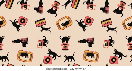 Seamless pattern silhouettes of the cat with retro media icon, different poses on color background, Cute and funny vector.