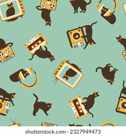 Seamless pattern silhouettes of the cat with retro media icon, different poses on color background, Cute and funny vector.