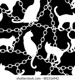 Seamless pattern with silhouettes of cats and chains. Vector illustration