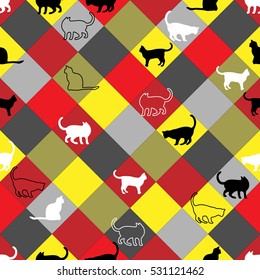 Seamless pattern silhouettes of cats in colored squares.