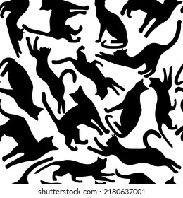 Seamless pattern of silhouettes of cats in different poses. Cute cats play, jump. Vector graphics.