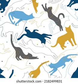 Seamless pattern of silhouettes of cats in different poses. Cute kittens play, jump. Vector graphics.